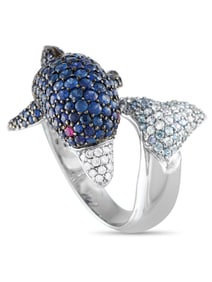 18K WHITE GOLD 0.22CT DIAMOND AND SAPPHIRE DOLPHIN RING
