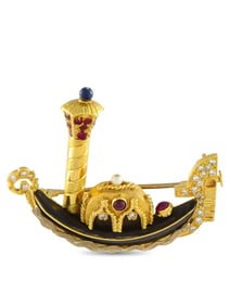 18K GOLD AND BOG OAK DIAMONDS SAPPHIRE RUBY GONDOLA BROOCH