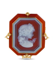 18K YELLOW GOLD DIAMOND AND CARNELIAN CAMEO BROOCH