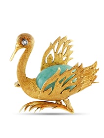 18K YELLOW GOLD DIAMOND AND TURQUOISE SWAN BROOCH