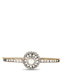 14K YELLOW GOLD DIAMOND AND SEED PEARL BROOCH