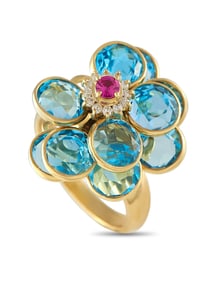 18K YELLOW GOLD DIAMOND, TOPAZ, AND RUBY RING