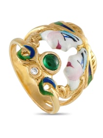 18K YELLOW GOLD DIAMOND, EMERALD AND ENAMEL RING