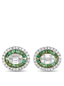 14K GOLD 0.40CT DIAMOND AND EMERALD CLUSTER HALO EARRINGS