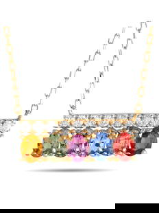 18K YELLOW GOLD DIAMOND AND MULTICOLORED SAPPHIRE NECKLACE: A series of sparkling diamonds totaling 0.17 carats are paired with an array of multicolored sapphire gemstones totaling 1.10 carats on this impeccably crafted necklace. Crafted from 18K Yellow Gold,