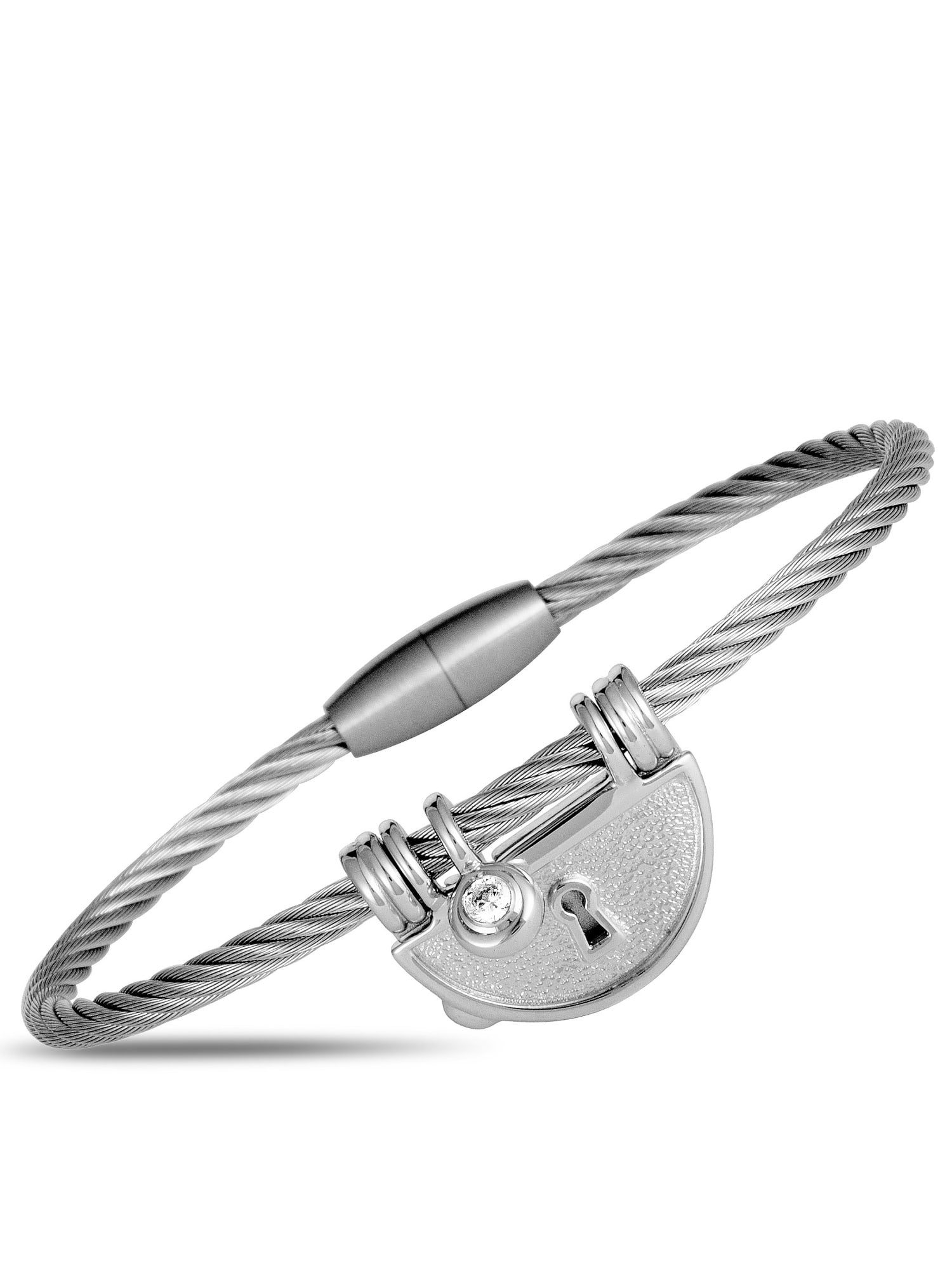 CHARRIOL MY HEART SILVER CUBIC ZIRCONIA BANGLE BRACELET: Boasting an intriguing cable design and decorated with a beautifully envisioned keyhole charm accentuated by a sparkling white cubic zirconia, this fascinating My Heart bracelet from Charriol will add