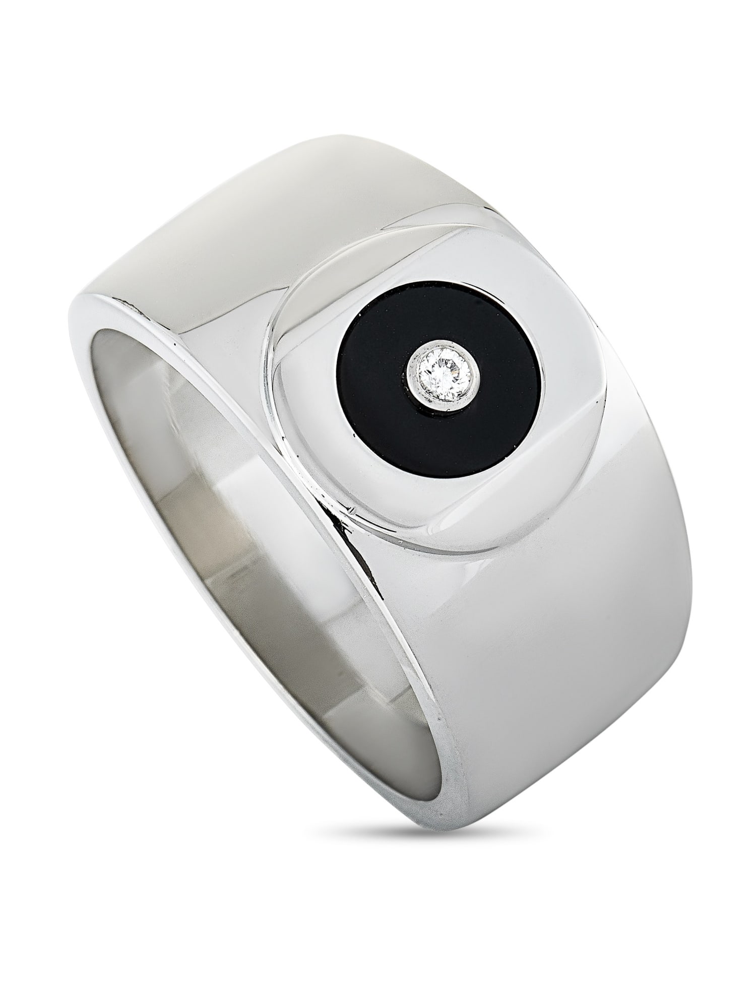 Charriol Sterling Silver Diamond and Onyx Ring: This Charriol ring is crafted from sterling silver and set with onyx and a diamond stone that weighs 0.043 carats. The ring weighs 17.8 grams and boasts band thickness of 8 mm and top height of 3 mm,