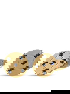 VINTAGE CARTIER 14K GOLD SAPPHIRE CHAIN CUFFLINKS: Fasten cuffs in style with this pair of Cartier chain cufflinks. They feature slim yellow gold discs decorated with a quilted pattern and punctuated with sapphire cabochons. The chain connector makes