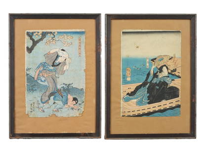 UTAGAWA KUNISADA AND KUNIYOSHI JAPANESE WOODBLOCKS: A lot of two Japanese color woodblocks on paper. The Pleasure of Gathering Mushrooms in Mid-autumn by Utagawa Kunisada. Crossing on the Sumida River by Utagawa Kuniyoshi. Matted and framed. Utagawa Ku