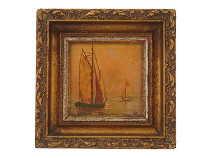 ANTIQUE FRENCH OIL PAINTING SIGNED LOUIS BENTABOLE: An antique French oil painting on masonite board depicting a seascape with boats. Signed with initials, LB, lower right. Framed. Louis Bentabole, 1820 to 1880 was a French artist, known for Marine sce