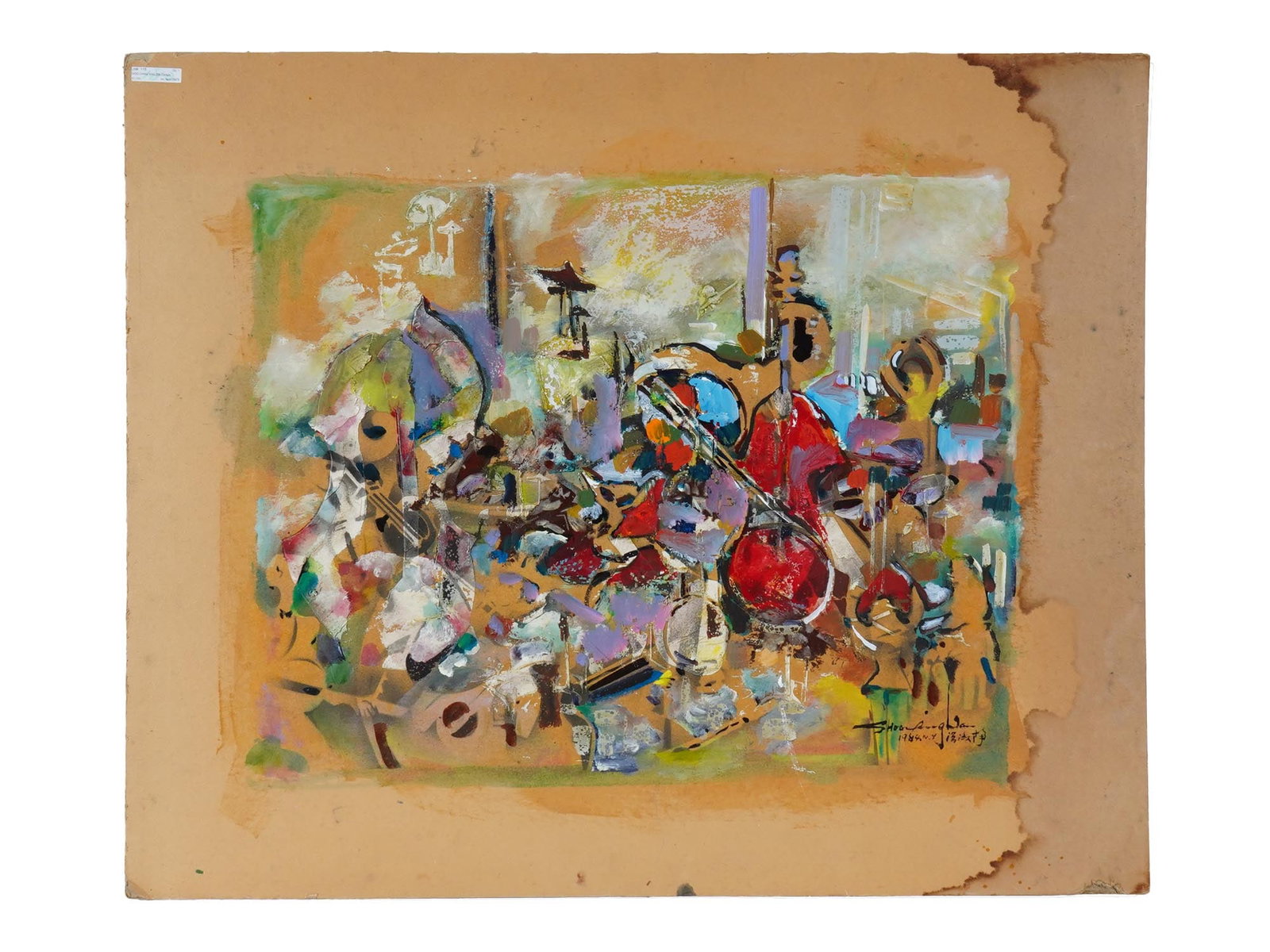 SHOO CHING WAN CHINESE AMERICAN PAINTING ABSTRACT 1984: Shoo Ching Wan, Chinese, 20th century, an oil painting on board depicting an abstract music scene. Executed with dynamic brushwork and a vibrant palette. Signed lower right and dated 1984. Unframed. A