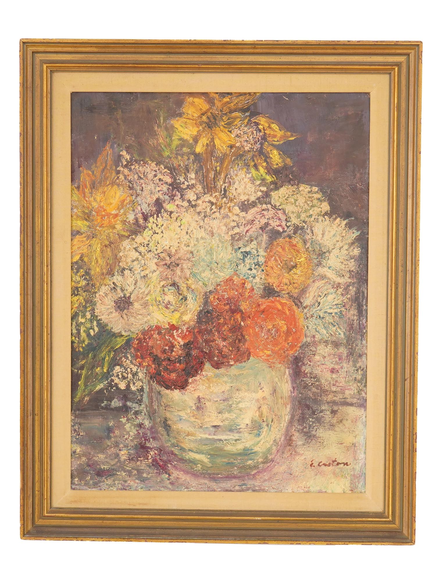 FLORAL STILL LIFE OIL PAINTING SIGNED BY THE ARTIST: An oil painting on canvas depicting a still life with flowers. Signed by the artist, E. Corton, lower right. Framed. Modernist and Contemporary Fine Art, Post Impressionist and Expressionist Floral St