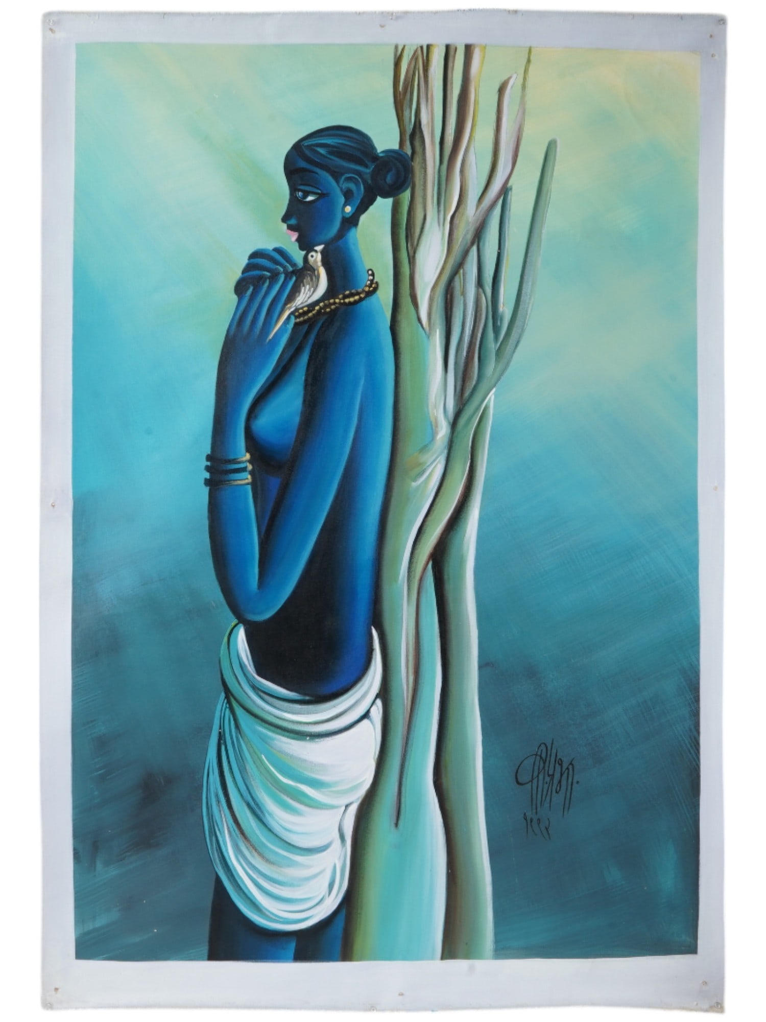 INDIAN PORTRAIT OIL PAINTING SIGNED B PRABHA W COA: An Indian oil painting on canvas, Lady with Parrot. Signed, B. Prabha, and dated 1992, lower right. Completed with a certificate of authenticity, signed. B. Prabha is known for Female portrait, figure