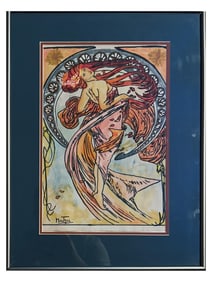AFTER ALPHONSE MUCHA ART NOUVEAU MIXED MEDIA PAINTING