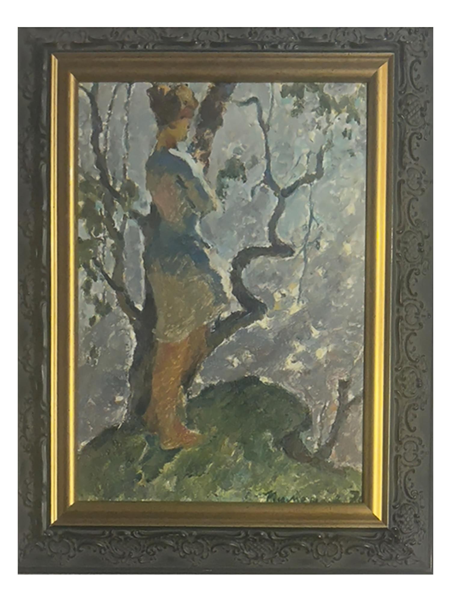 1970 RUSSIAN OIL PAINTING SIGNED YURI PIMENOV: An oil painting on canvas, Thought, 1970. Signed Pimenov and dated 70 lower right. Additionally inscribed, titled and dated, on the backside. Yuri Ivanovich Georgy Pimenov, Russian, Soviet era, 1903 t