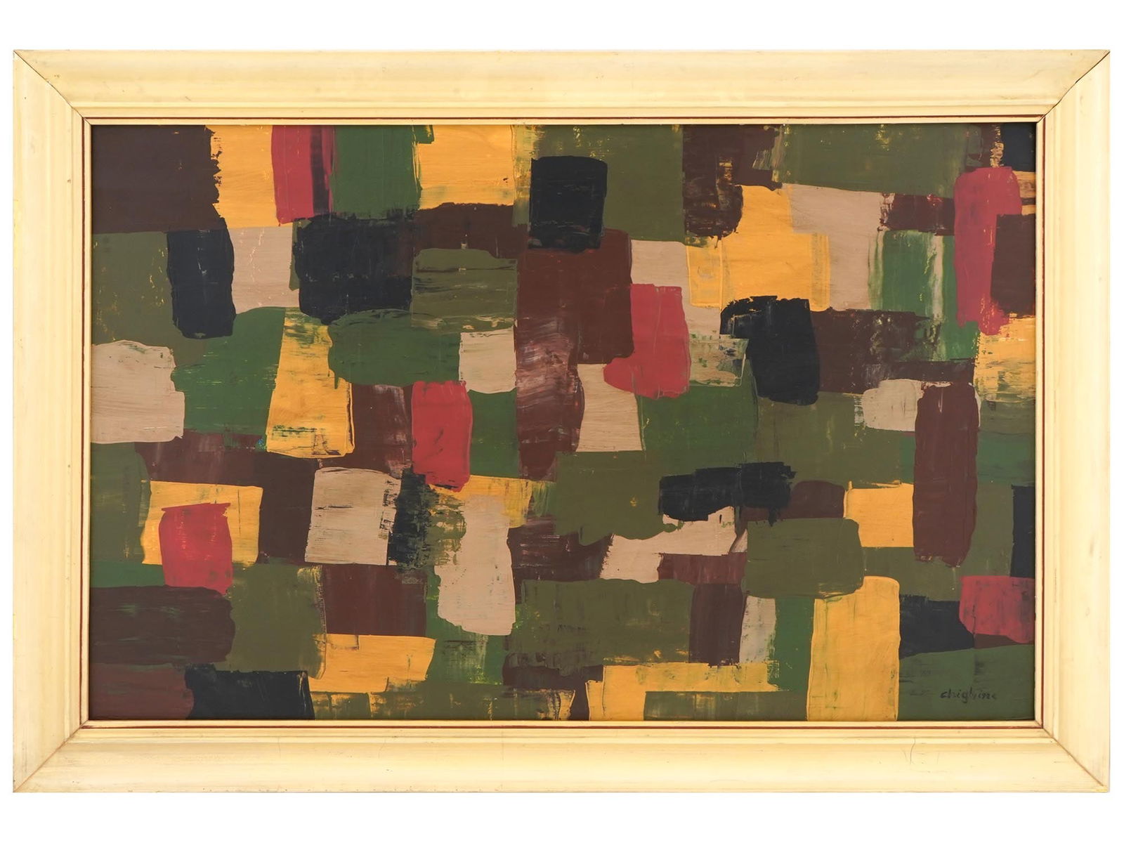 ABSTRACT OIL PAINTING SIGNED ALFREDO CHIGHINE: An oil painting on masonite board depicting an abstract composition. Signed, Chighine, lower right. Framed. Additionally inscribed, on the backside. Alfredo Chighine, 1914 to 1974, was an Italian pain