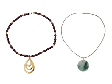LOT OF TWO ASIAN STERLING SILVER AND JADE NECKLACES