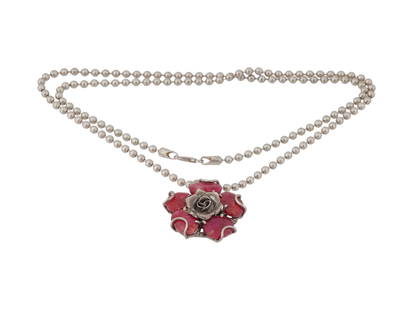 STERLING SILVER NECKLACE WITH RUBY FLOWER PENDANT: A vintage sterling silver beaded chain necklace with a natural ruby rose flower pendant. Marked 925, Italy on the clasp. Total Weight: 59.3 grams. Elegant Mineral Stone Jewelry For Women. THIS