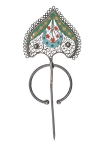 INDIAN SILVER AND HAND PAINTED ORNAMENTS FIBULA