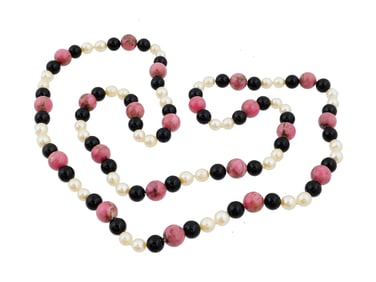 VINTAGE RHODONITE BLACK ONYX AND PEARL BEAD NECKLACE