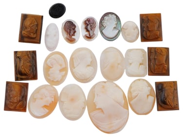 COLLECTION OF 20 ANTIQUE HAND CARVED CAMEOS
