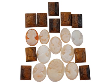 COLLECTION OF 20 ANTIQUE HAND CARVED GEMSTONE CAMEOS