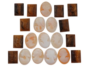 COLLECTION OF 20 VARIOUS ANTIQUE HAND CARVED CAMEOS