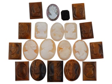 COLLECTION OF 20 VARIOUS ANTIQUE HAND CARVED CAMEOS