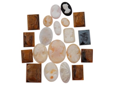 COLLECTION OF 20 ANTIQUE HAND CARVED CAMEOS