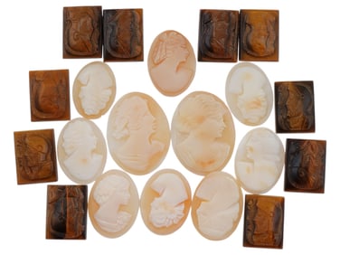 COLLECTION OF 20 ANTIQUE HAND CARVED CAMEOS