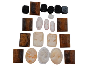 COLLECTION OF 21 ANTIQUE HAND CARVED CAMEOS