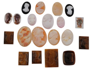 COLLECTION OF 20 VARIOUS ANTIQUE HAND CARVED CAMEOS