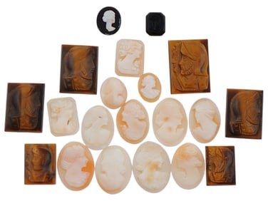 COLLECTION OF 20 ANTIQUE HAND CARVED CAMEOS