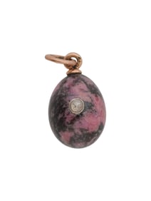 RUSSIAN 14K GOLD RHODONITE EASTER EGG PENDANT W DIAMOND