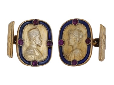 RUSSIAN SILVER ENAMEL IMPERIAL CUFFLINKS W RUBIES