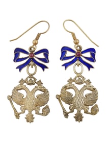 RUSSIAN EAGLE SILVER ENAMEL DANGLE EARRINGS W RUBIES