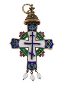 RUSSIAN SILVER ENAMEL CROSS PENDANT W PEARLS AND RUBIES