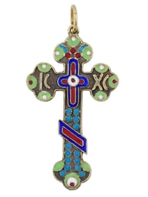 RUSSIAN GILT SILVER CLOISONNE ENAMEL CROSS PENDANT