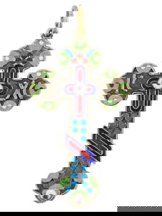 RUSSIAN GILT SILVER CLOISONNE ENAMEL CROSS PENDANT: A Russian gilt silver Orthodox cross pendant. The piece is garnished with polychrome cloisonne enamel decor. Hallmark of 84 silver standard and makers mark are on the backside and on the fitting ring.