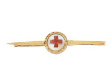RUSSIAN RED CROSS 14K GOLD GUILLOCHE ENAMEL BROOCH