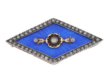 RUSSIAN 14K GOLD GUILLOCHE ENAMEL AND DIAMOND BROOCH