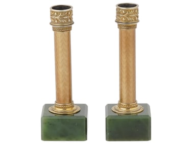 RUSSIAN SILVER GUILLOCHE ENAMEL NEPHRITE CANDLE STICKS