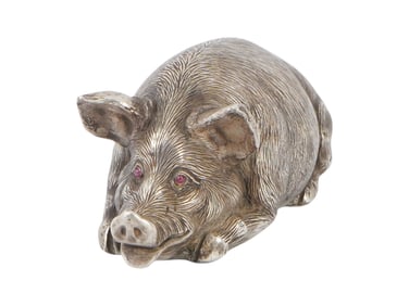 LARGE RUSSIAN SOLID SILVER FIGURINE OF A PIG
