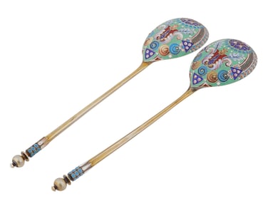 PAIR OF RUSSIAN GILT SILVER ENAMEL SPOONS