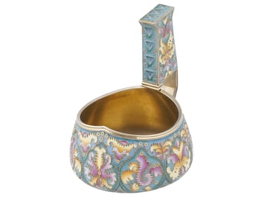 RUSSIAN 88 GILT SILVER AND CLOISONNE ENAMEL KOVSH