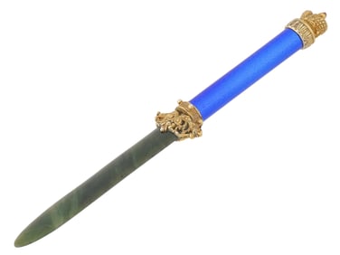 RUSSIAN SILVER JADE GUILLOCHE ENAMEL LETTER OPENER
