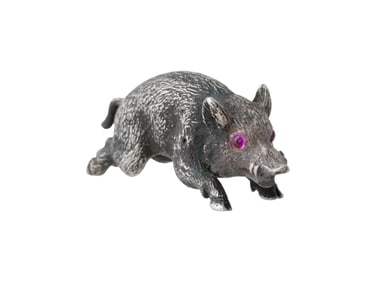 RUSSIAN SOLID SILVER FIGURINE OF A BOAR WITH RUBY EYES