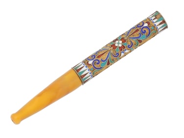 RUSSIAN SILVER CLOISONNE ENAMEL AMBER CIGARETTE HOLDER