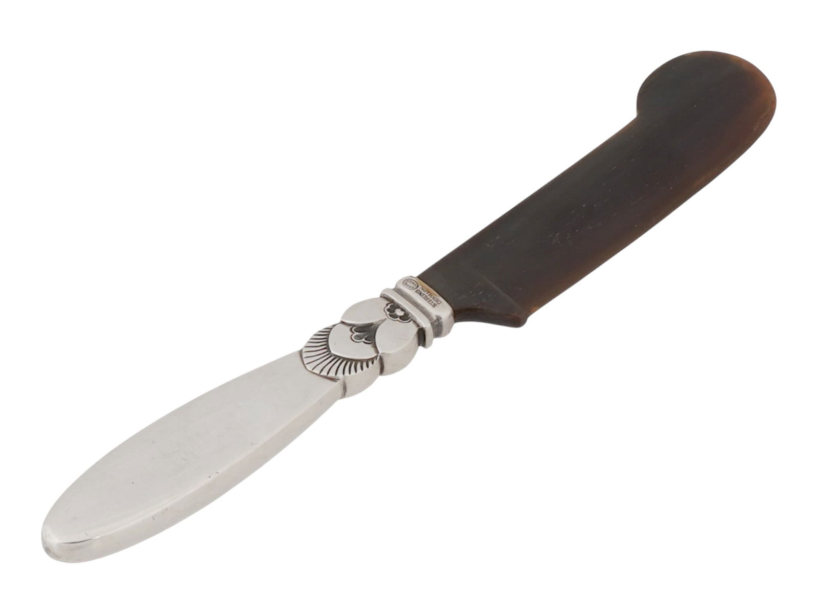 DANISH GEORGE JENSEN STERLING SILVER CAVIAR KNIFE: A Danish George Jensen Sterling Silver caviar knife. A blade is decorated with engraved floral and foliage motifs, on the top. Marked with a George Jensen mark, a Sterling Silver standard hallmark, an