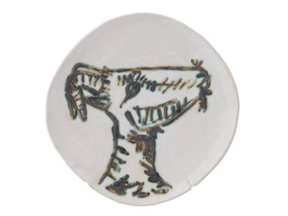 PABLO PICASSO GALERIE MADOURA CERAMIC PLATE GOAT: A ceramic plate by Galerie Madoura Pottery, a workshop in Vallauris, France. The pottery is well-known for its exclusive Picasso Editions produced in collaboration with Pablo Picasso, 1881 to 1973, a